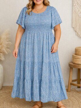 ZESICA Blue Floral Smocked Tiered Maxi Dress XL Boho Cottagecore Feminine Flowy